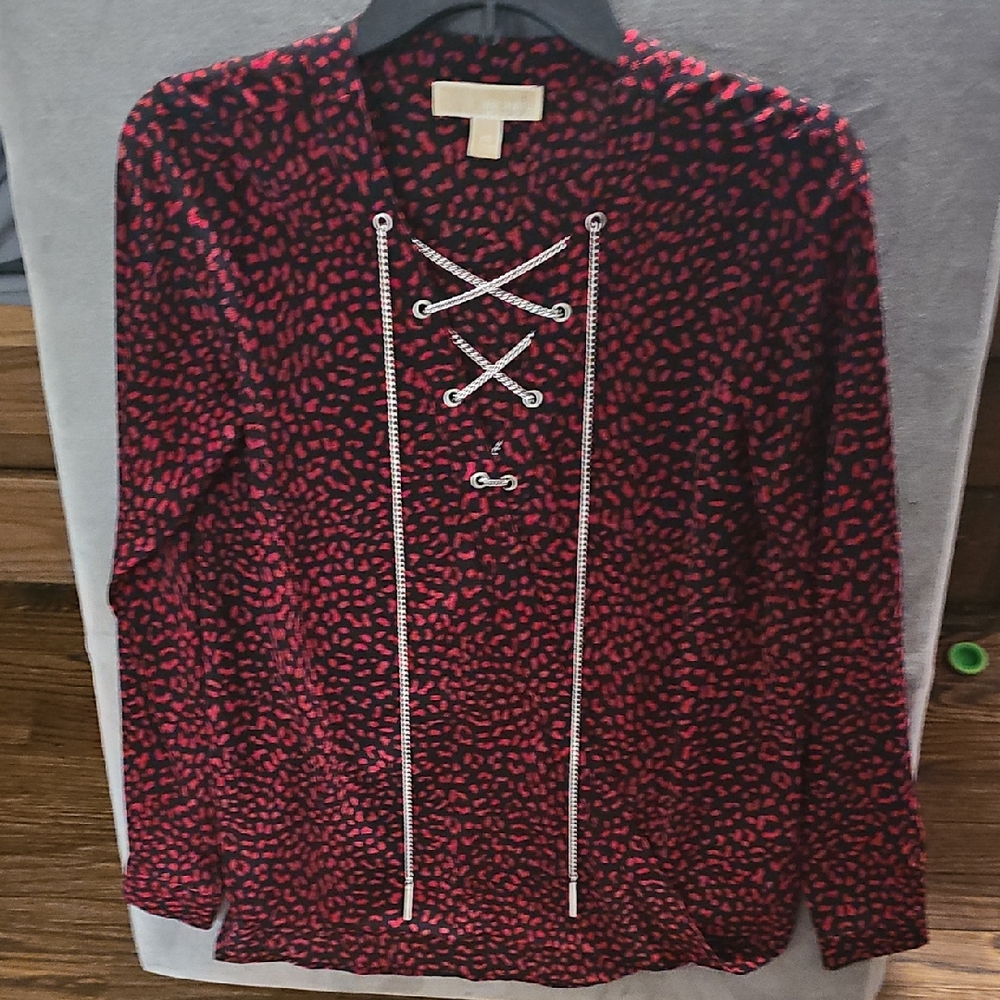 Michael Kors Red and Black Lace-Up Long Sleeve Blouse